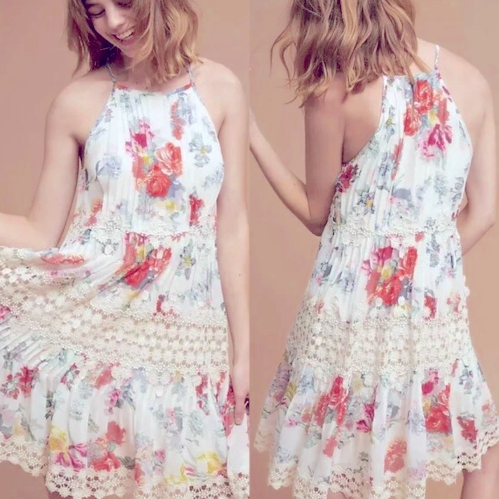 Anthropologie Ranna Gill Kalila Floral Crochet Trim Tiered Swing Dress Floral
